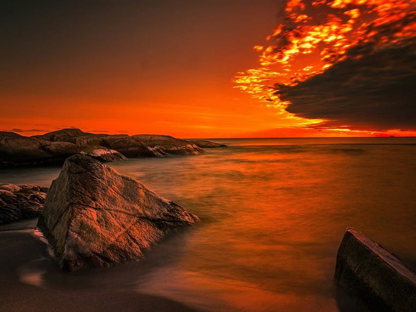 Beach Sunset, coast, rocks, sunset, ocean, beach HD wallpaper