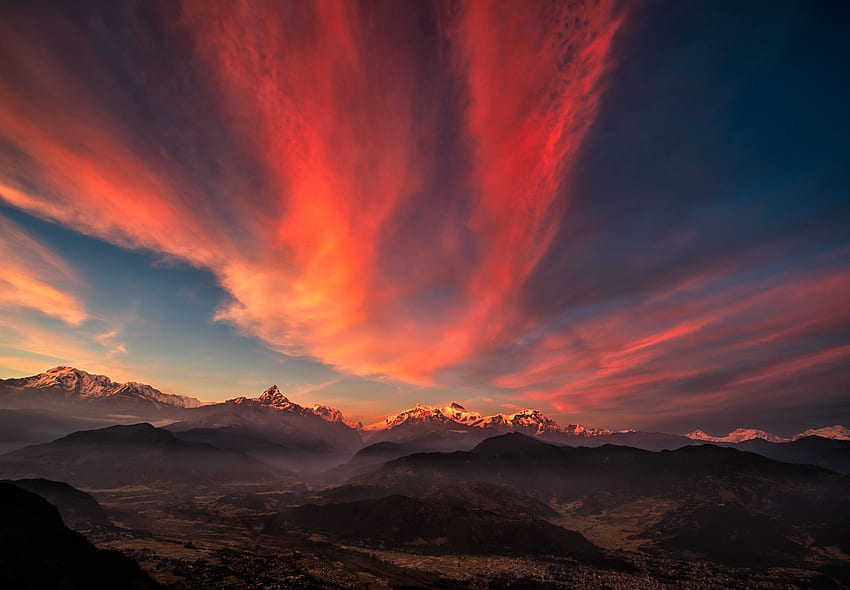 Naturaleza, Puesta de sol, Cielo, Montañas, Panorama, Tíbet fondo de pantalla