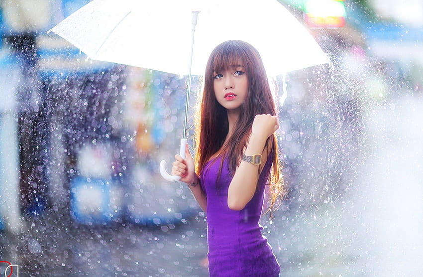 Rainy day, umbrella, purple, pink, model, rain, asian, girl, woman HD wallpaper