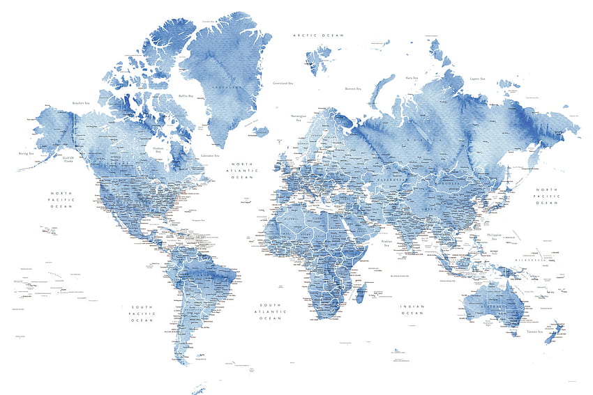 Mapa akwarelowej mapy świata z miastami w stonowanym kolorze niebieskim, Vance Mapy wszystkich miast i krajów na Twoją ścianę Tapeta HD