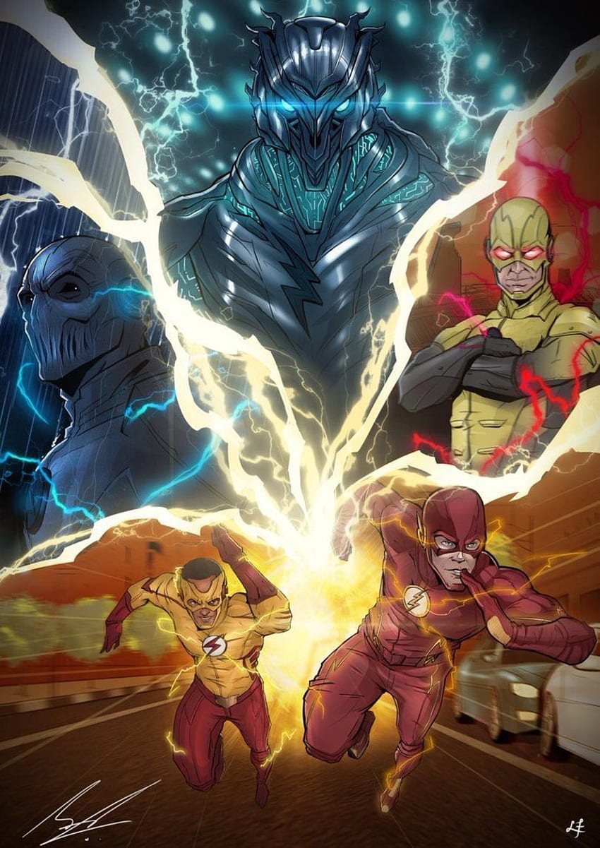 El póster del programa de televisión Flash con The Flash, Kid Flash, Zoom, Reverse, Savitar corriendo hacia la izquierda fondo de pantalla del teléfono