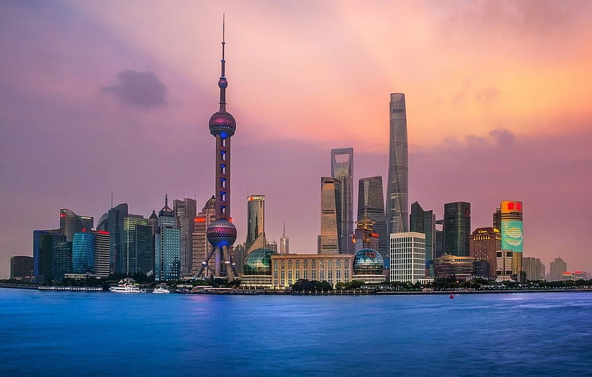 ciudad, luces, China, Shanghai, crepúsculo, torre, cielo, mar, horizonte de Shanghai fondo de pantalla