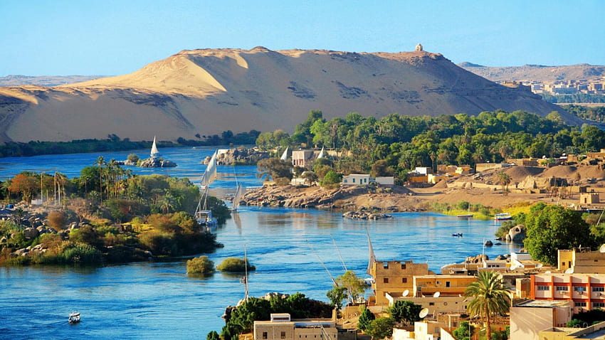 Aswan, Egito, Deserto, Cidade, Lago, Barcos papel de parede HD