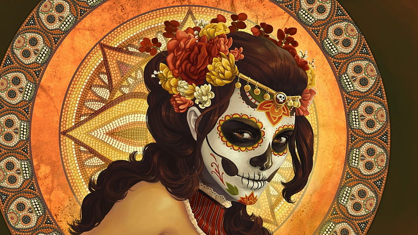 シュガー スカル ディア デ ロス ムエルトス デジタル アート アートワーク 女性 パターン モザイク スカル 花 メキシコ . モカ、メキシコの花のパターン 高画質の壁紙