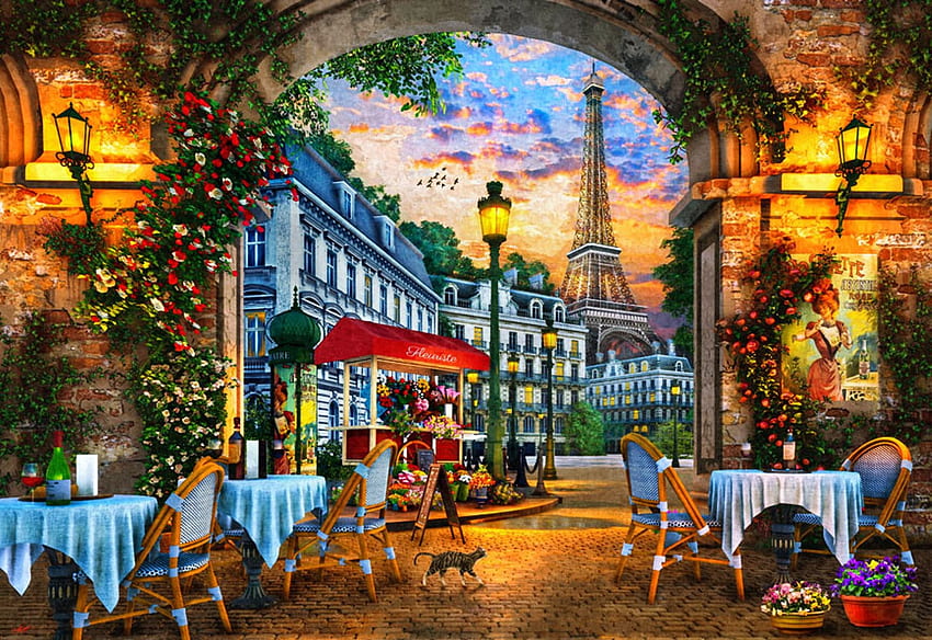 Paris Summer Sunset, tables, artwork, restaurant, chairs, digital, eiffel tower, street HD wallpaper