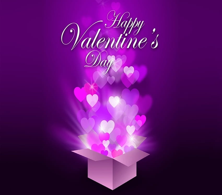 Selamat Hari Valentine, ungu, merah muda, hati putih terbang, latar belakang ungu, kotak, cinta, Selamat Hari Kasih Sayang Wallpaper HD