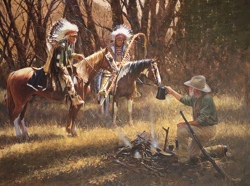 horse injun Cowboy John Fawcett, A Friendly Gesture, Cowboys and Indians HD wallpaper