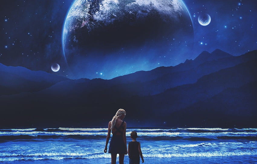 laut, pantai, gadis, luar angkasa, pegunungan, malam, fiksi, suasana hati, Pemandangan Alien Wallpaper HD