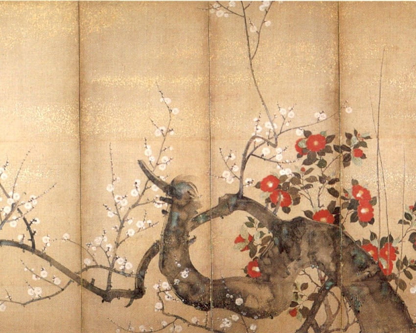 Flowers: Suzuki Kiitsu Flowering Plum Camillia Camellia Fold Screen, Japanese Ink Painting HD wallpaper