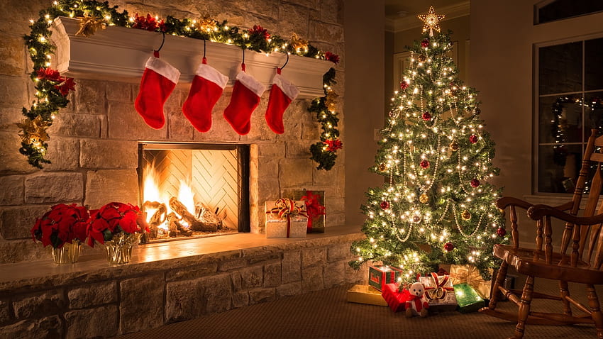 Украсена коледна елха в къщата - Коледен дом във Facebook Корица - & фон HD тапет