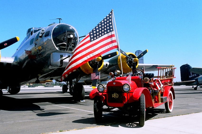 ความรักชาติวินเทจ คลาสสิก รถยนต์ โง่ รักชาติ 23 สปีดวากอน อเมริกัน เครื่องบิน b-17 1923 รีโอ วินเทจ ฟัดดี้ เครื่องบินทิ้งระเบิด ww2 บิน ธง สงคราม เก่า เครื่องบิน โบราณ สงครามโลกครั้งที่ โลก , b17, โบอิ้ง, ป้อมปราการ, ไฟไหม้, รถบรรทุก วอลล์เปเปอร์ HD