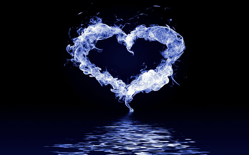 블루 하트 반사, 파랑, 심장, 반사, 물 HD 월페이퍼