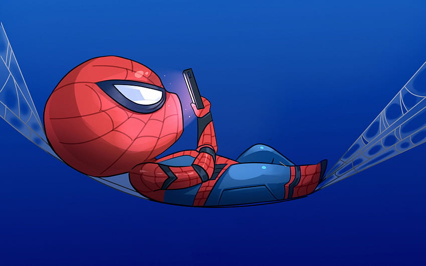 Spiderman, Minimal, Spider Man, Fan Art, przygoda, superbohaterowie, niebieskie tło, kreskówka Spiderman, Chibi Spiderman dla rozdzielczości. Wysoka jakość, Spider-Man niebieski Tapeta HD