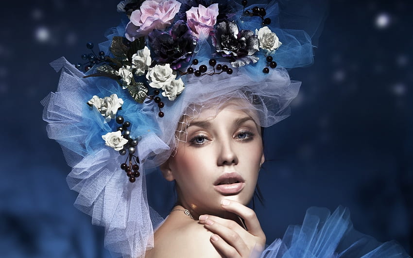 Красота, синьо, бяло, модел, момиче, жена, роза, розово, цвете, шапка HD тапет
