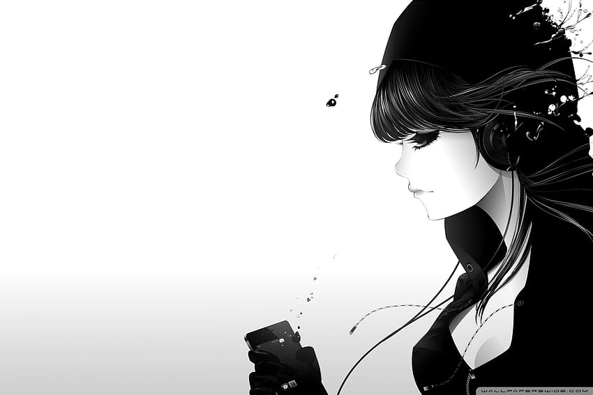 Girl Listening To Music Bw ❤, Black and White Anime Girl HD wallpaper