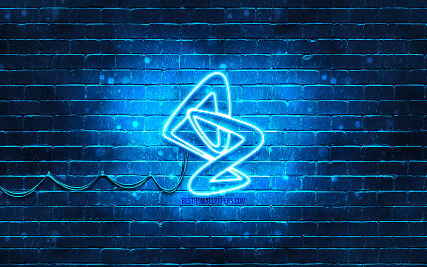 Logo blu AstraZeneca, muro di mattoni blu, logo AstraZeneca, Covid-19, Coronavirus, logo al neon AstraZeneca, vaccino Covid, AstraZeneca Sfondo HD