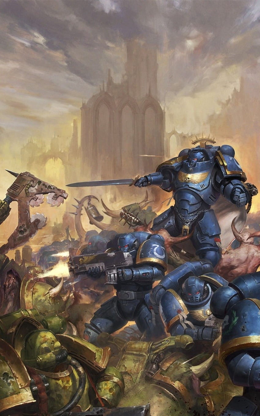 Warhammer 40k, Chaos, Ultramarines, Artwork, Battle, Flags, Robots for Google Nexus 10 HD phone wallpaper