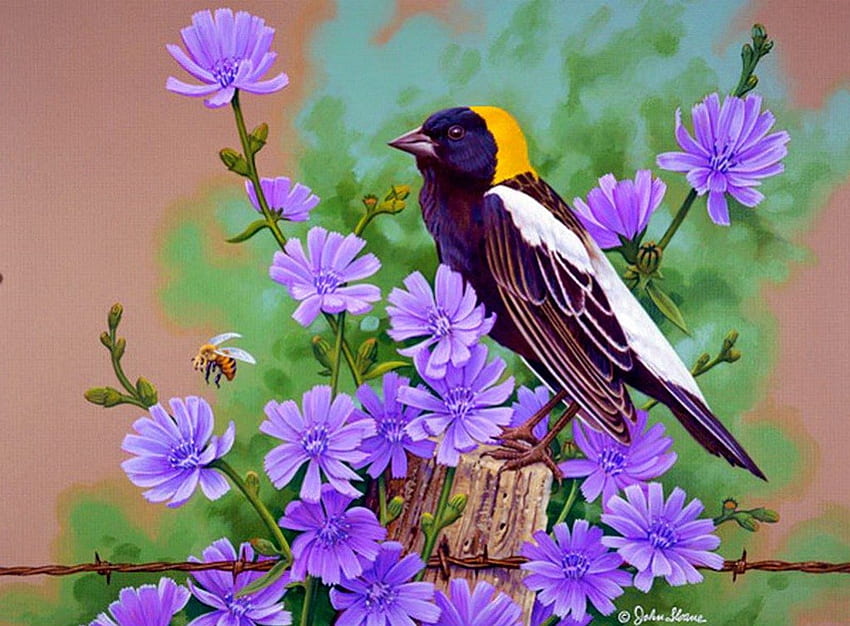 Bobolink, blue, sweet, bird, art, cute, beautiful, fresh, nice, branch, painting, nature, flowers, lovely HD wallpaper