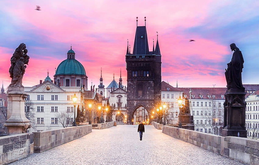 torre, manhã, Praga, República Tcheca, luzes, Ponte Carlos para, seção город, Ponte Carlos de Praga papel de parede HD