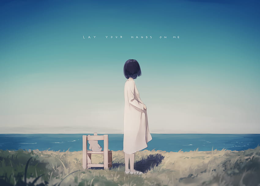 Anime Girl, Ocean, Teddy Bear, Chair, Scenic, Horizon, Clean Sky , Clean Anime Wallpaper HD