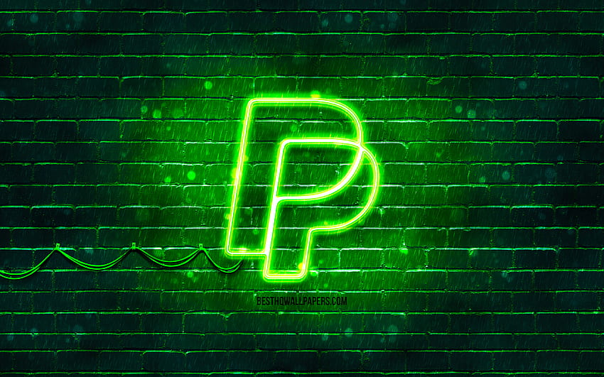 Zielone logo PayPal, zielona ściana z cegły, logo PayPal, systemy płatności, neonowe logo PayPal, PayPal Tapeta HD