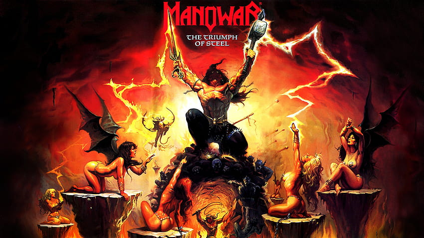 Manowar - The Triumph of Steel, Triumph, Schwert, Dämon, Frau, Band, Rock, Blitz, Schwer, Manowar, Musik, Logo, Metall, Frauen, Hammer, Stahl, Krieger HD-Hintergrundbild