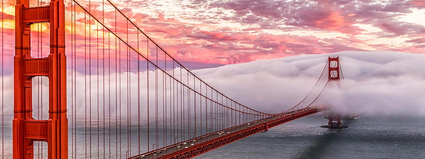 Мостът Голдън Гейт в мъгла в Сан Франциско, двоен монитор в Сан Франциско HD тапет