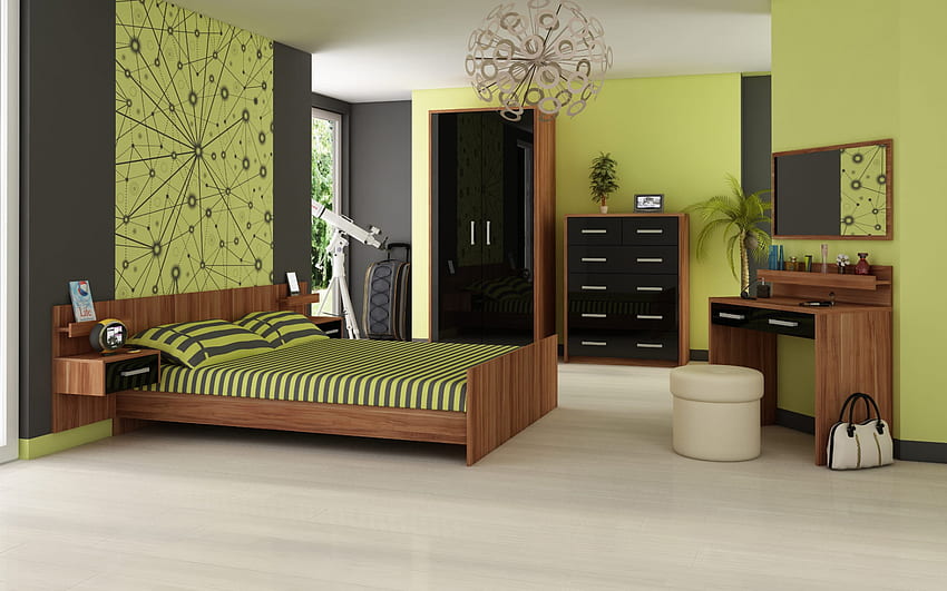 stylish bedroom design, modern interior, bedroom, bedroom in green colors, idea for a bedroom, green walls in the bedroom, bedroom project HD wallpaper