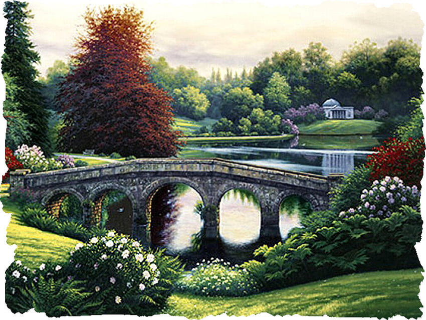 Late Afternoon F1, white, art, landscape, floral, charles white, lake, park, artwork, scenery, painting, bridge, trees, flowers, water HD wallpaper