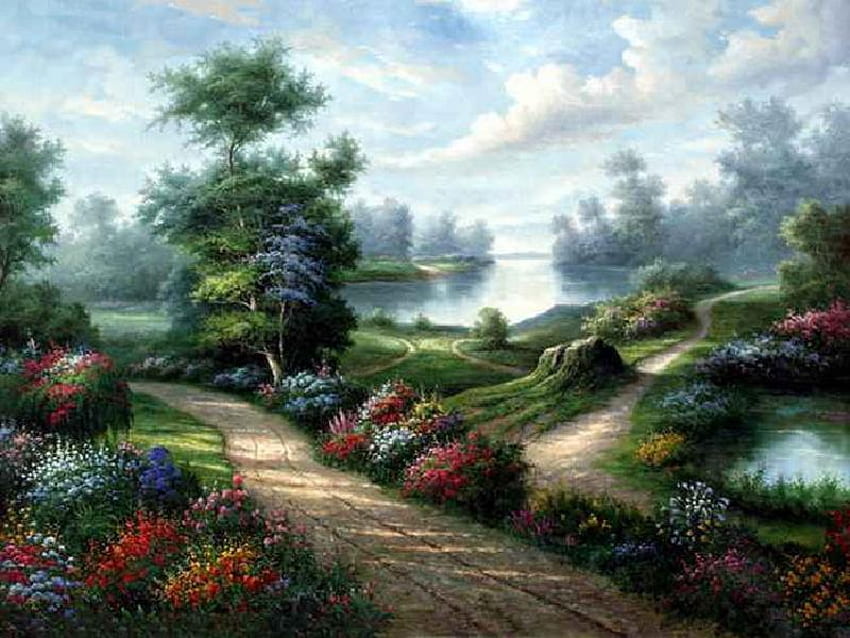 Walk Through Beauty, grass, lake, dirt path, painting, clouds, trees, flowers, sky, stump, water HD wallpaper