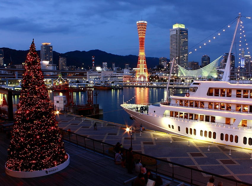 Feiertage, Lichter, Urlaub, Abend, Weihnachtsbaum, Schiff, Hafen HD-Hintergrundbild