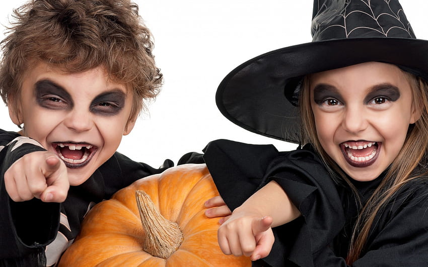 Trick or treat?, white, black, smile, cute, vampire, orange, witch, halloween, boy, copii, pumpkin, happy, child, hat HD wallpaper