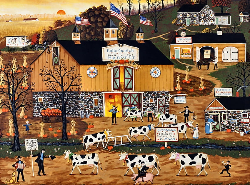 Butterscotch Farms F1, bovina, arquitetura, arte, panorama, Fazenda, bonita, obra de arte, colheitas, cenário, tela larga, vacas, pintura, plantio papel de parede HD