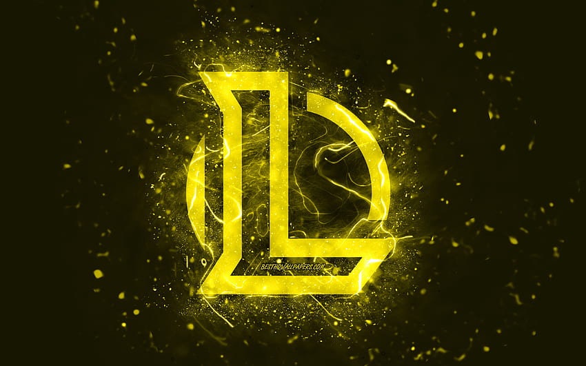 리그 오브 레전드 노란색 로고, , LoL, 노란색 네온 불빛, 창의적이고 노란색 추상적인 배경, 리그 오브 레전드 로고, LoL 로고, 온라인 게임, 리그 오브 레전드 HD 월페이퍼