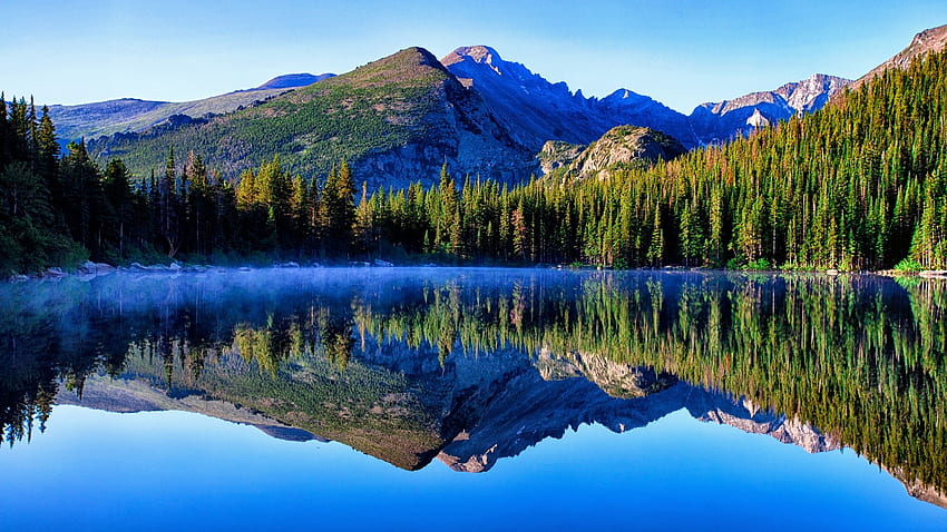 Bear Lake, Rocky Mountain National Park, riflessione, alberi, natura, foresta, montagne, parco, lago Sfondo HD