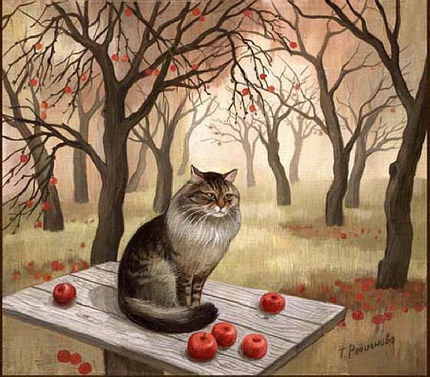 By Tatyana Rodionova, kitten, animal, art, cat, tatyana rodionova, tree, painting, apple, nature HD wallpaper
