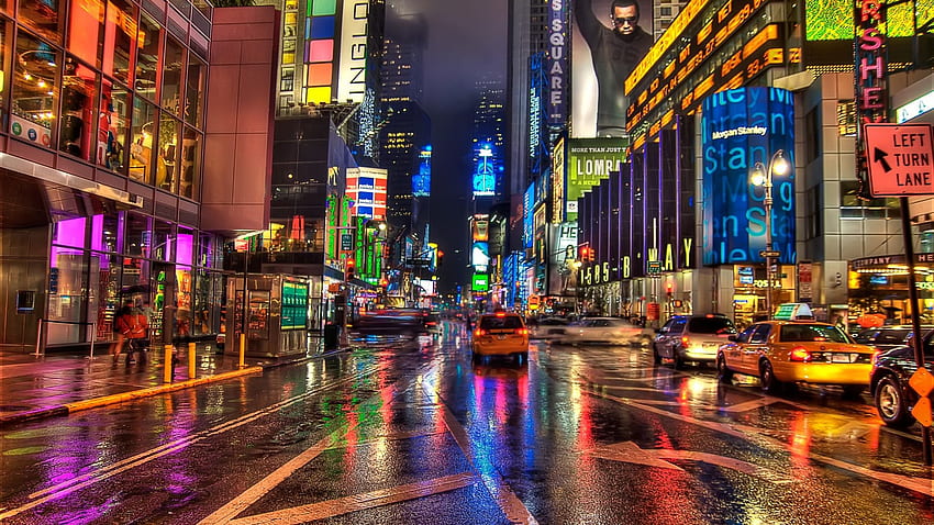 Skyscrapers - New York Colorful Light Peaceful Skyscrapers Walk Building Lights Night Alley Road Sky Colors HD wallpaper