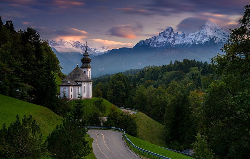 road, forest, mountains, Germany, Bayern, Church, Germany, Bavaria, Bavarian Alps, The Bavarian Alps, Berchtesgaden, Berchtesgaden, Watzmann mountain, Mount Watzmann, Church Maria Gern, Church Of Maria Gern for , section пейзажи HD wallpaper