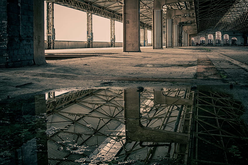 atmosphere, building, construction, gloomy, hall, industrial building, lapsed, leave, lost places, mirroring, old, old factory, past, pfor, pillar, puddle, roof, space, underground, water, window HD wallpaper