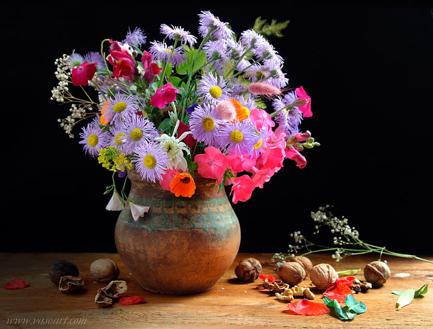 야생 꽃, 풀 컬러, 정물, 냄비 꽃병, 아름다운, 과일 HD 월페이퍼