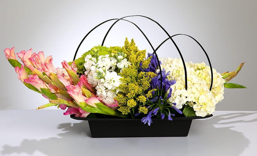 Flowers, Gladiolus, Basket, Composition, Hydrangea, sia HD wallpaper