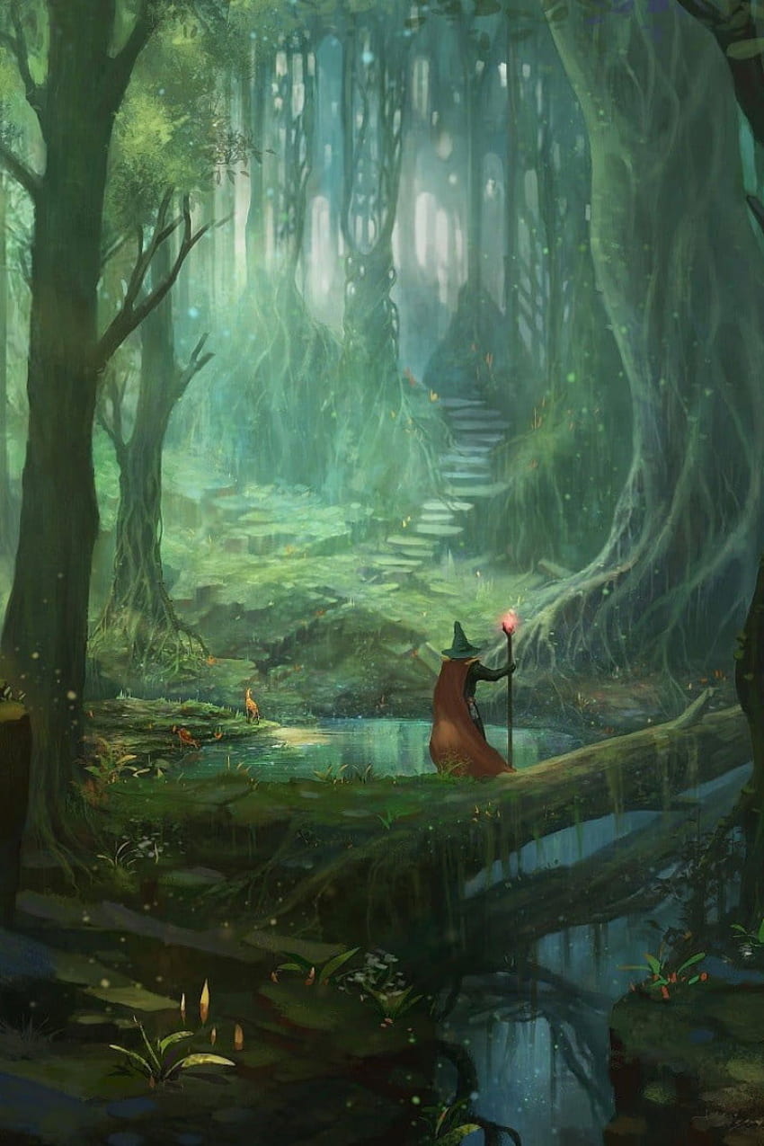 Илюстрация на магьосник, фантастично изкуство, гора, дървета, стълби, един човек • За вас за & Mobile, телефон на магьосник HD тапет за телефон