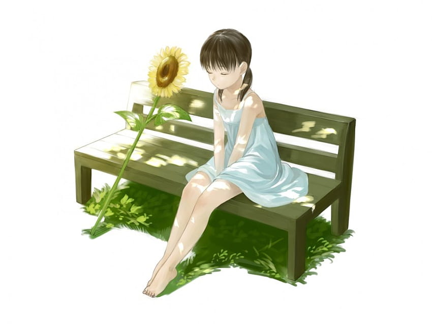 Sunflower Companion, süß, geblümt, langes Haar, Kleid, Sonnenblume, Blume, weiblich, Sommerkleid, schlicht, Bank, weiß, Mädchen, kawaii, Anime-Mädchen, einfach, Anime, braunes Haar HD-Hintergrundbild