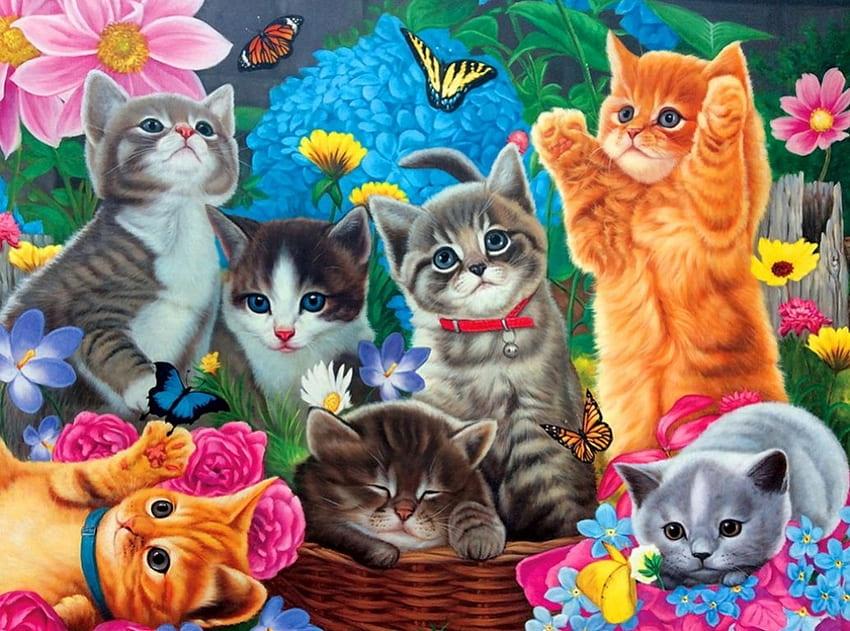Tempo di gioco in giardino, dolce, colorato, gatti, giardino, carino, gioco, gattini, cesto, divertente, fiori, adorabile Sfondo HD