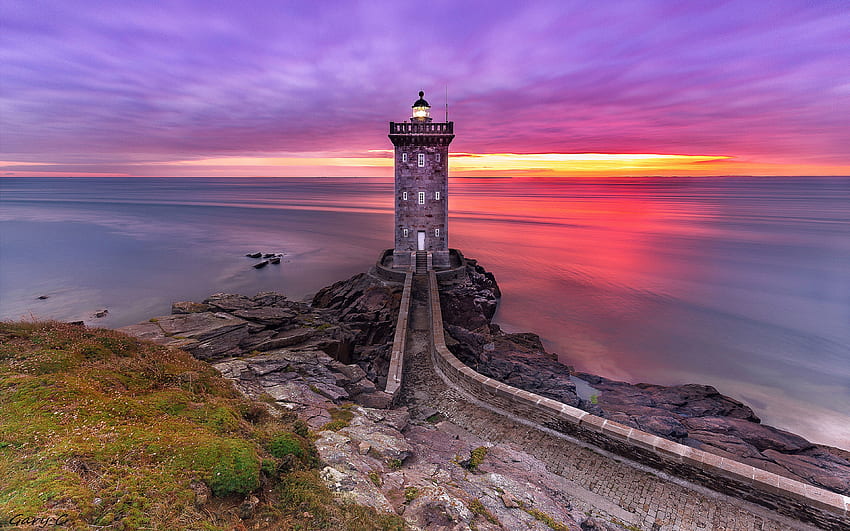 Kermorvan Lighthouse Coastline Atlantic Ocean Brittany France HD wallpaper
