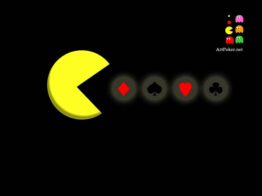 Pacman Eats Poker, poker, gra wideo, żółty, pacman, pik, diament, maczuga, serce Tapeta HD