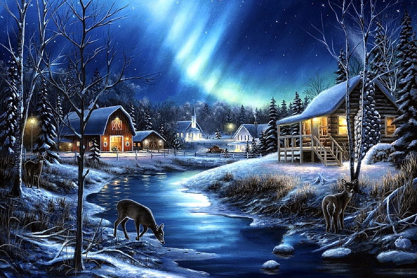 Beauty in the Evening, winter, winter holidays, churches, paintings, aurora, streams, love four seasons, villages, light, snow, deer, nature, xmas and new year, sky HD wallpaper