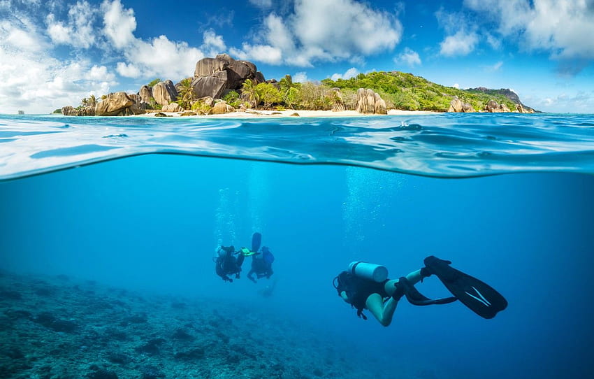 lanskap, laut, pulau, kabur, karang, Scuba Diving Wallpaper HD