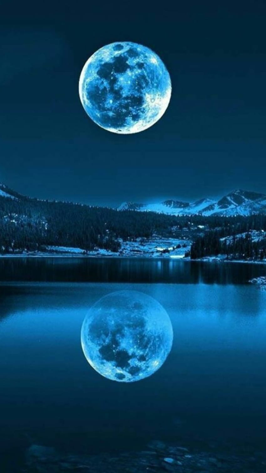 rzeka, niebieski księżyc i księżyc - Tapeta na telefon HD