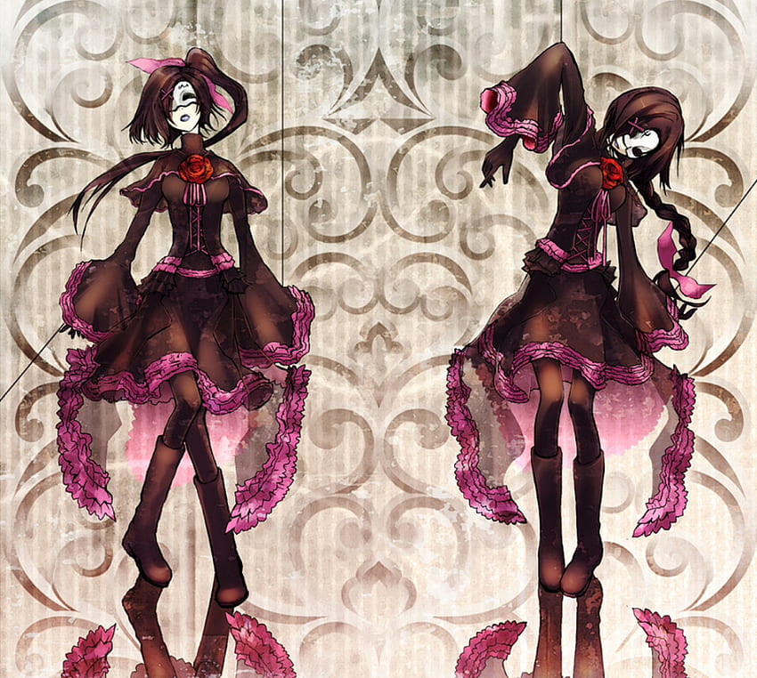 Moira, dua gadis, tali, topeng, rambut ungu, mode lolita, rambut pendek, rambut panjang, gothic lolita Wallpaper HD